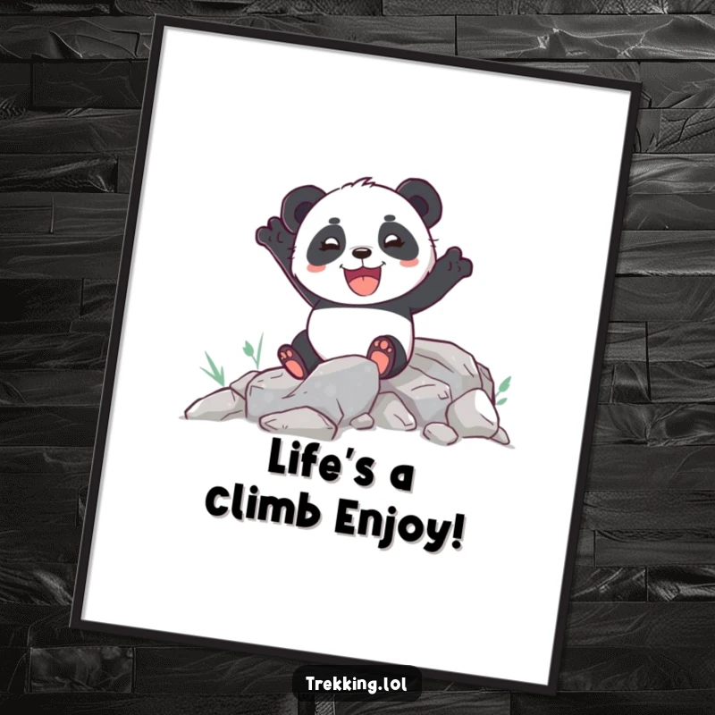 Funny Free Printable Wall Art: An enthusiastic panda happily navigating a challenging rocky path with pure joy and determination.