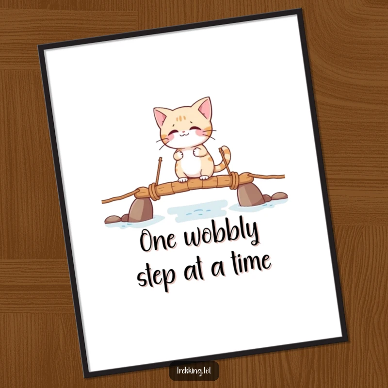 Funny Free Printable Wall Art: Giggling cat cautiously crossing a shaky rope bridge, whimsical downloadable decor.