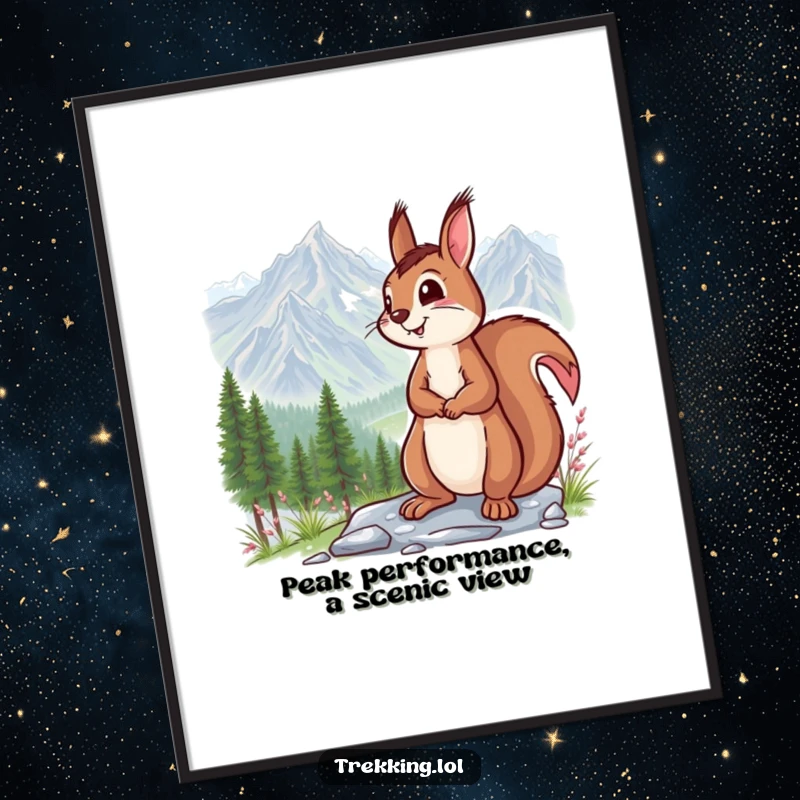 Funny Free Printable Wall Art: A smiling squirrel taking in a breathtaking mountain vista, delightful nature-inspired decor.