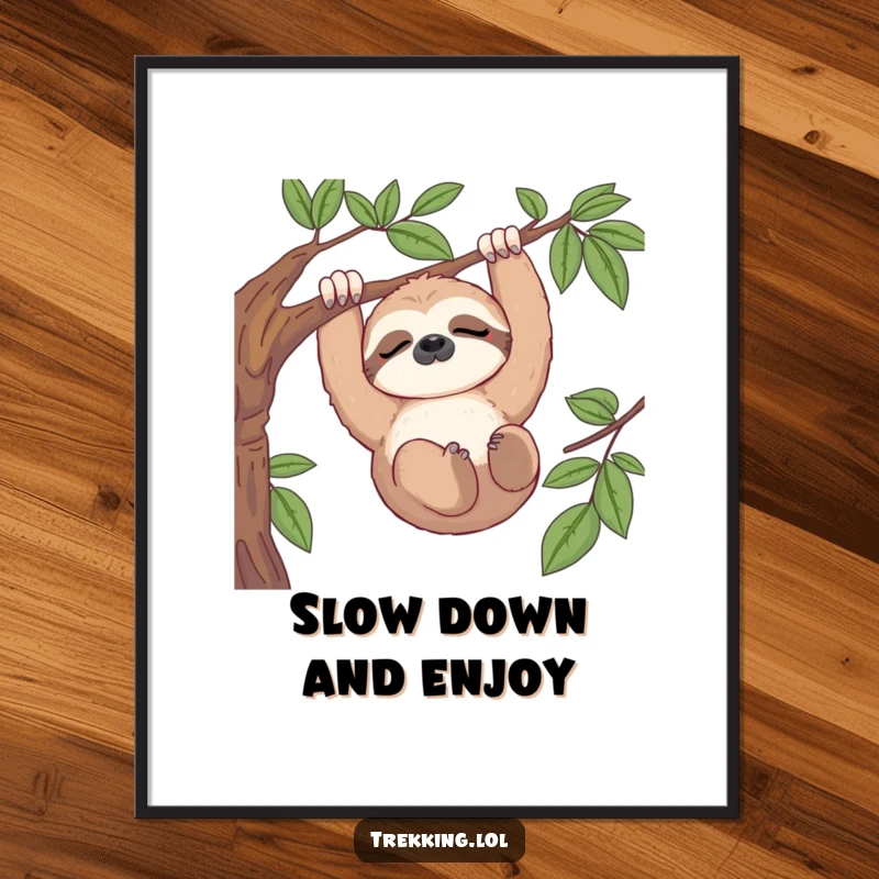 Funny Free Printable Wall Art: Sleepy sloth hanging lazily from a tree branch, gazing serenely at a beautiful vista.