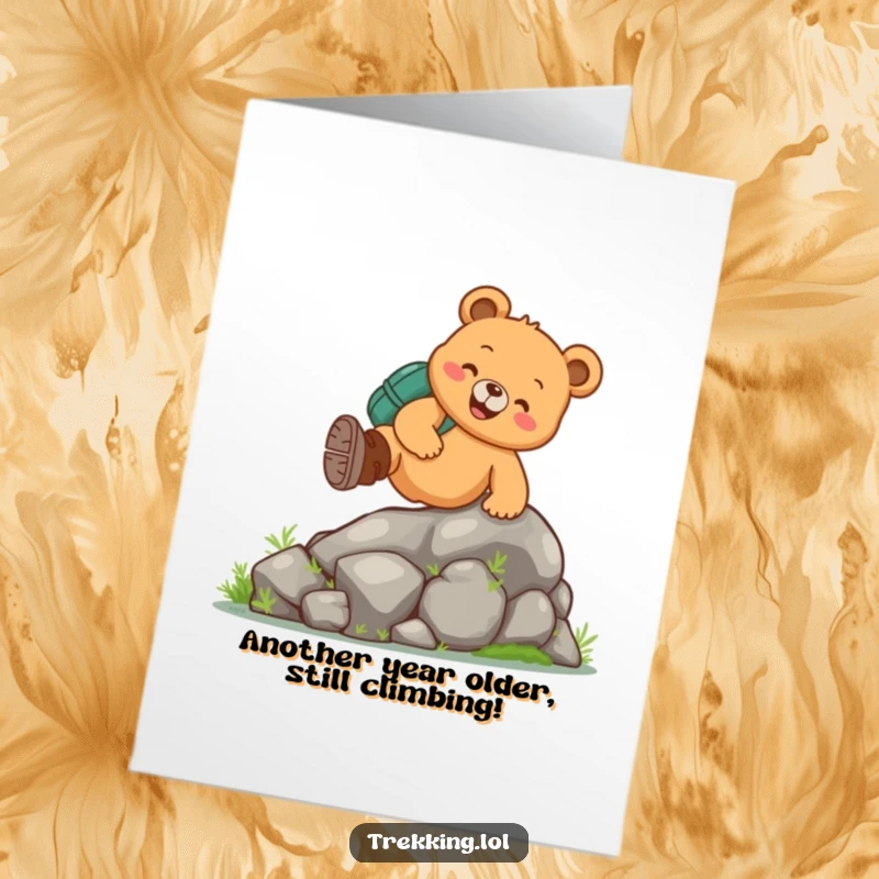 Funny Free Printable Birthday Card: Cheerful Bear in Hiking Boots Climbing Mossy Rock, Ready to Party!
