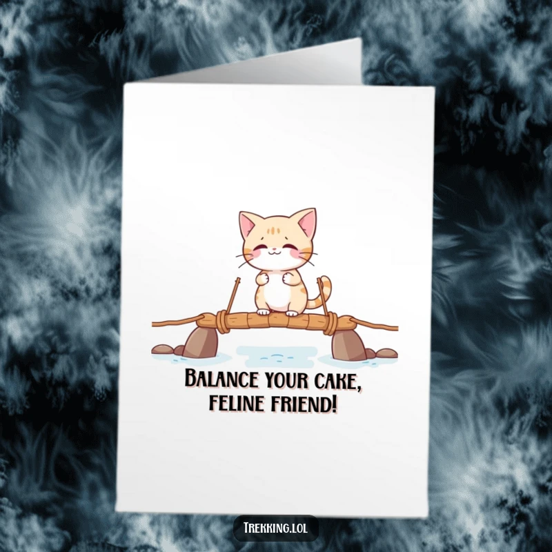 Funny Free Printable Birthday Card: Giggling cat precariously crossing a rickety rope bridge, pure birthday humor downloadable.