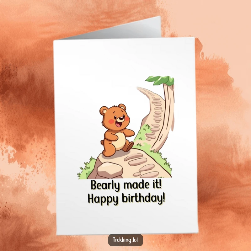 Funny Free Printable Birthday Card: A determined bear gleefully climbing a steep, winding path, celebrating perseverance.