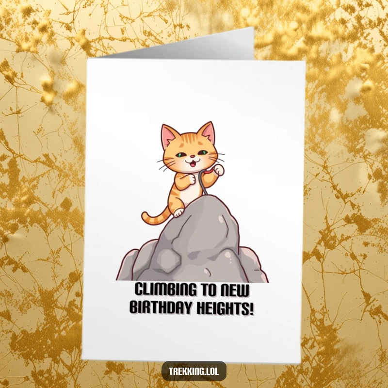 Funny Free Printable Birthday Card: Determined cat using a tiny grappling hook to scale a rock face.
