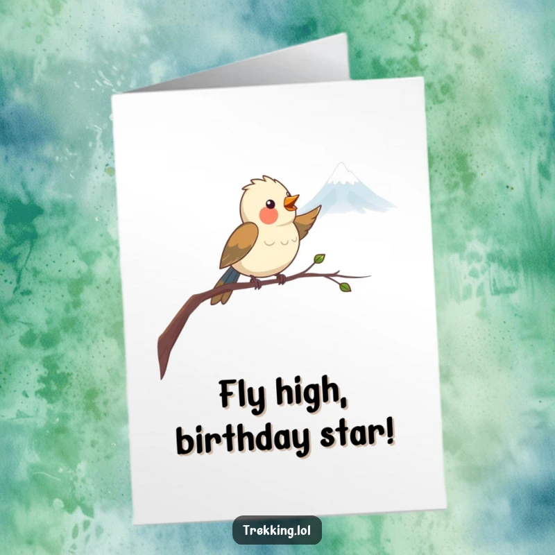 Funny Free Printable Birthday Card: Delighted bird on branch points to mountain, symbolizing a grand birthday adventure.
