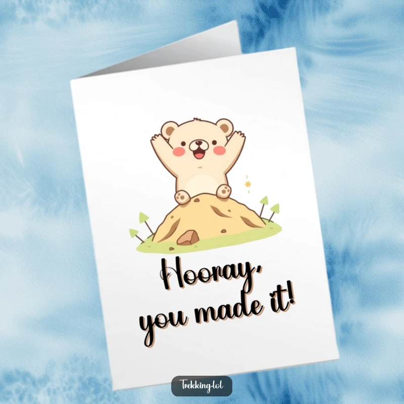 Funny Free Printable Birthday Card: Cheerful bear celebrating on a hill, perfect for a fun, downloadable, print-at-home greeting.