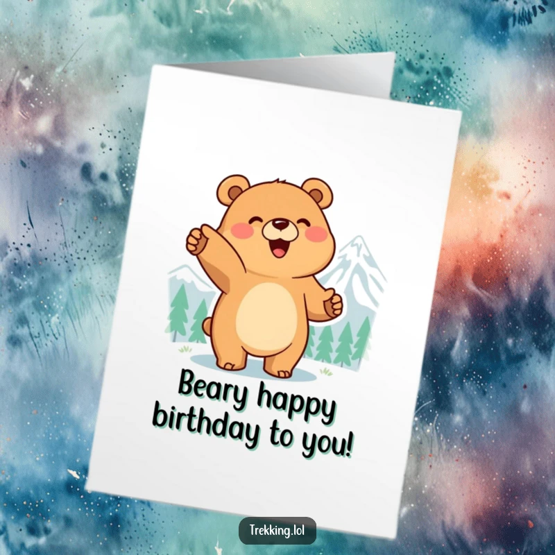 Funny Free Printable Birthday Card: Smiling bear excitedly pointing at a distant mountain peak, full of anticipation. A downloadable birthday surprise.