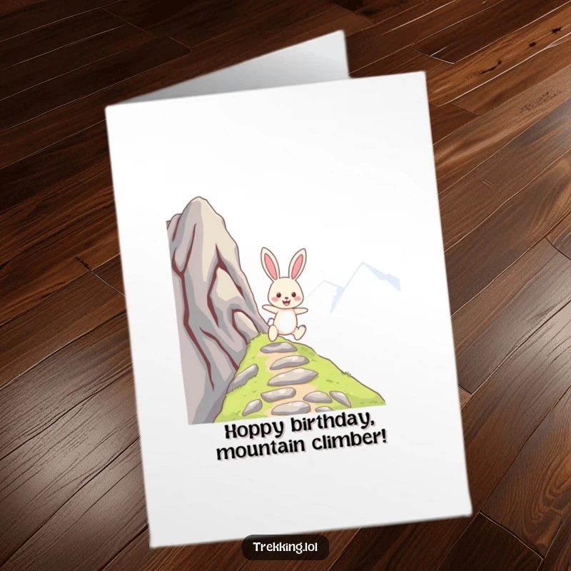 Funny Free Printable Birthday Card: Cheerful bunny energetically skipping up a steep mountain path, bringing joy and laughter. A delightful DIY gift.