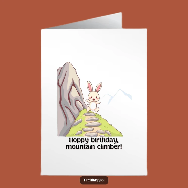 Free Printable Birthday Card: Cheerful Bunny Skipping Mountain - Funny Downloadable Gift