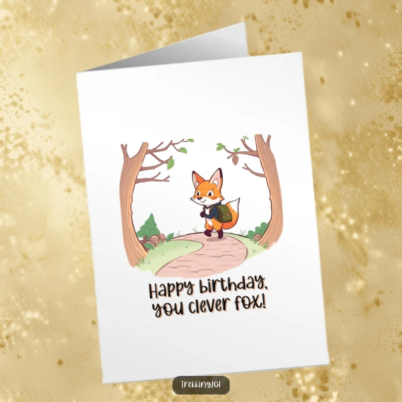 Funny Free Printable Birthday Card: Determined Fox with Backpack Cheerful on Winding Path, Happy Trails!