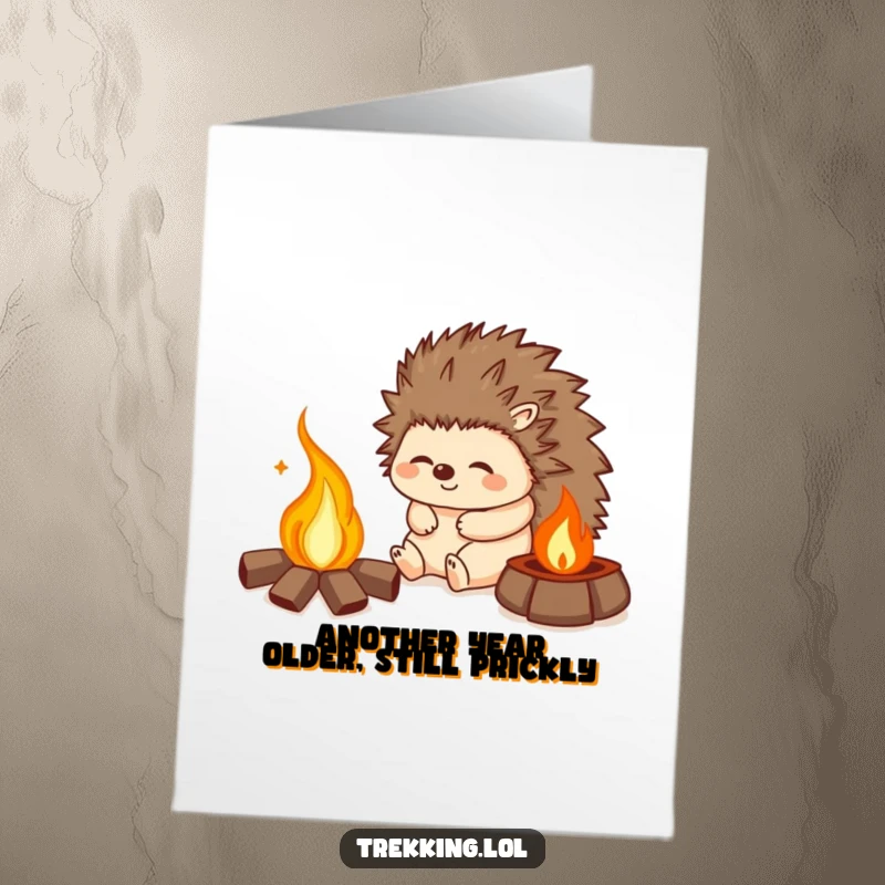 Funny Free Printable Birthday Card: Hedgehog relaxing by campfire, sighing contentedly, perfect for a cozy celebration.