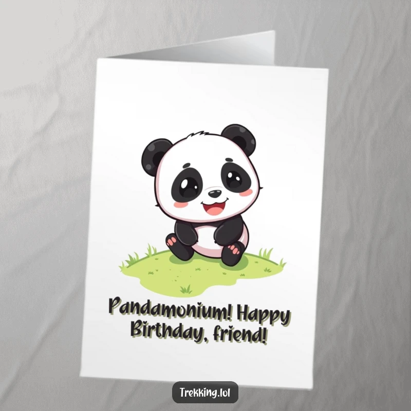 Funny Free Printable Birthday Card: A playful panda slides down a grassy slope with pure glee. Joyful birthday wish.