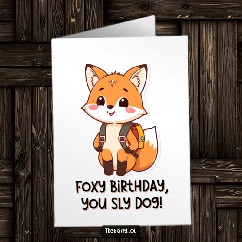 Funny Free Printable Birthday Card: A smiling fox wearing a tiny backpack, ready for adventure and celebration.