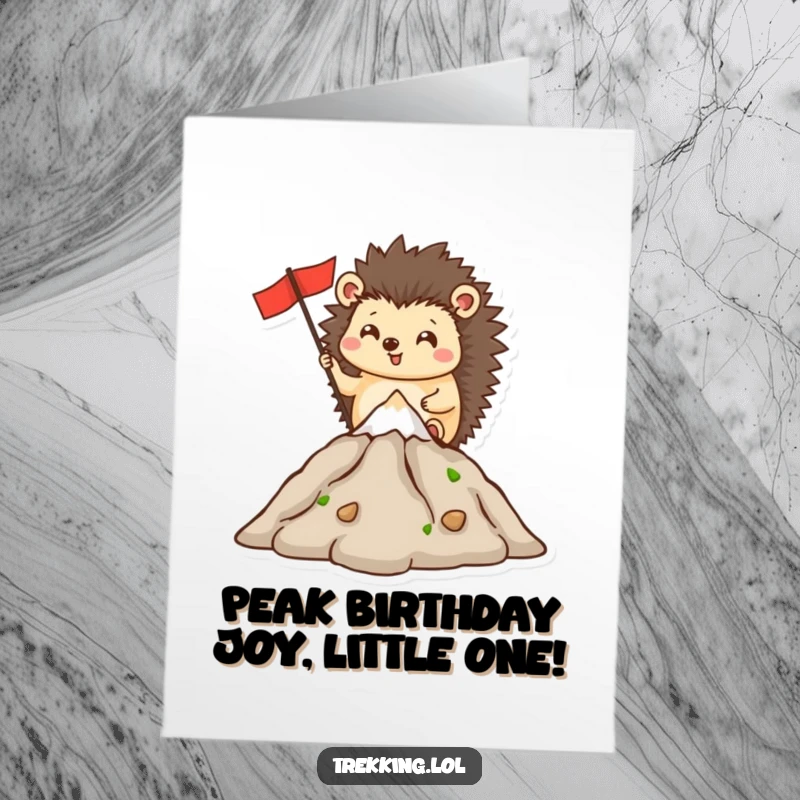 Funny Free Printable Birthday Card: Happy hedgehog planting a flag on a tiny mountain summit, celebrating success downloadable.