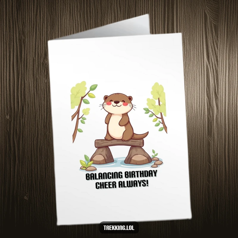 Funny Free Printable birthday card featuring a joyful otter focused on balancing on a narrow log bridge.