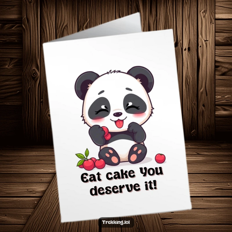 Funny Free Printable Panda Birthday Card showing a giggling panda happily munching on delicious berries, radiating pure delight and birthday cheer.