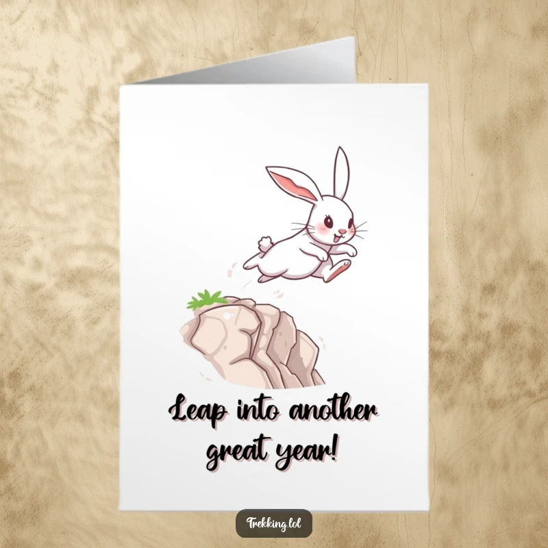 Funny Free Printable Birthday Card showing a determined rabbit making a bold leap across a small chasm with great effort.