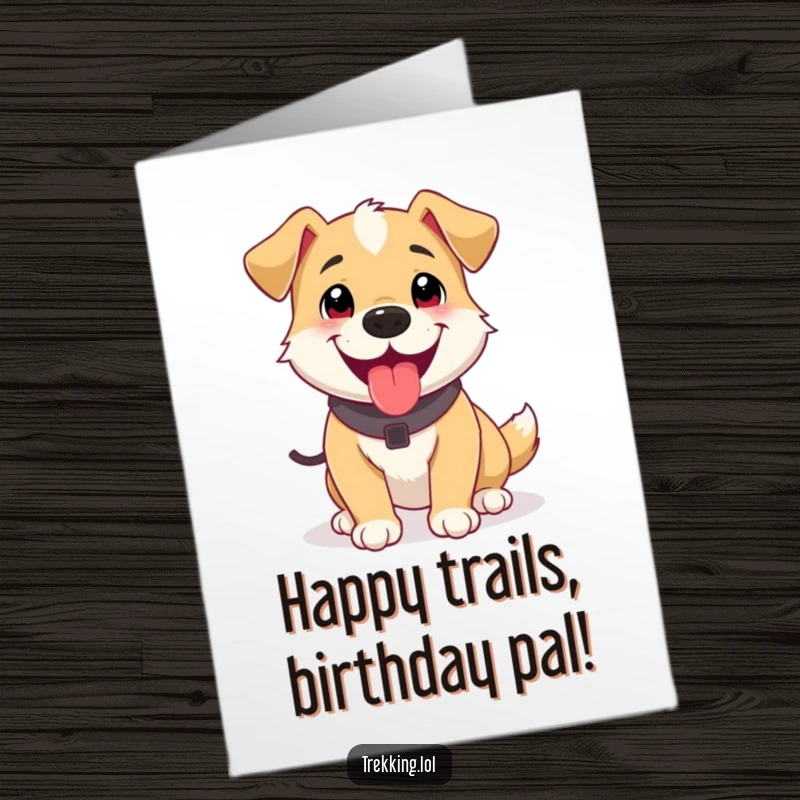 Funny Free Printable Birthday Card: Playful dog panting happily after a trek, a humorous downloadable greeting.