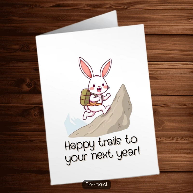 Funny free printable birthday card: a happy bunny with a backpack joyfully skipping uphill on a steep mountain.