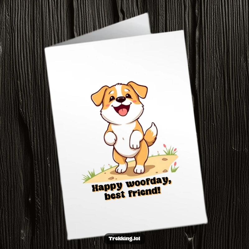 Funny Free Printable Birthday Card featuring a delighted dog panting happily and wagging its tail on a scenic nature trail.
