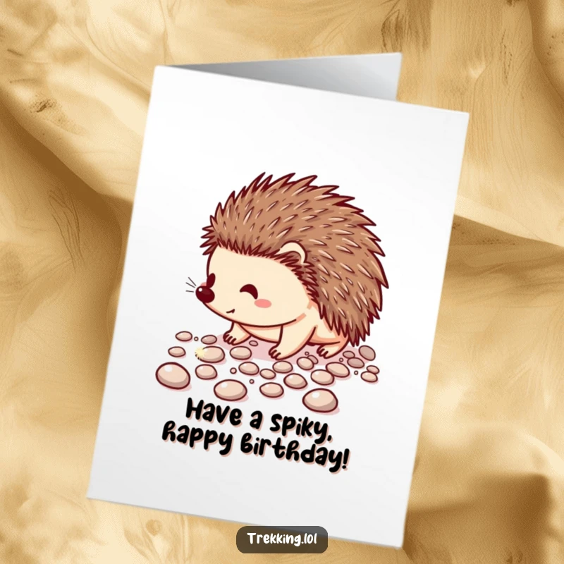 Funny Free Printable Birthday Card: Cheerful hedgehog walking on sparkling pebbles, looking delighted.