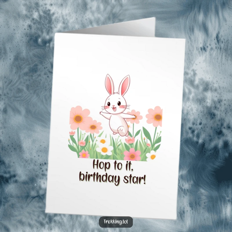 Funny Free Printable Birthday Card: Cheerful bunny joyfully leaping through a vibrant field of giant flowers, expressing pure birthday bliss.