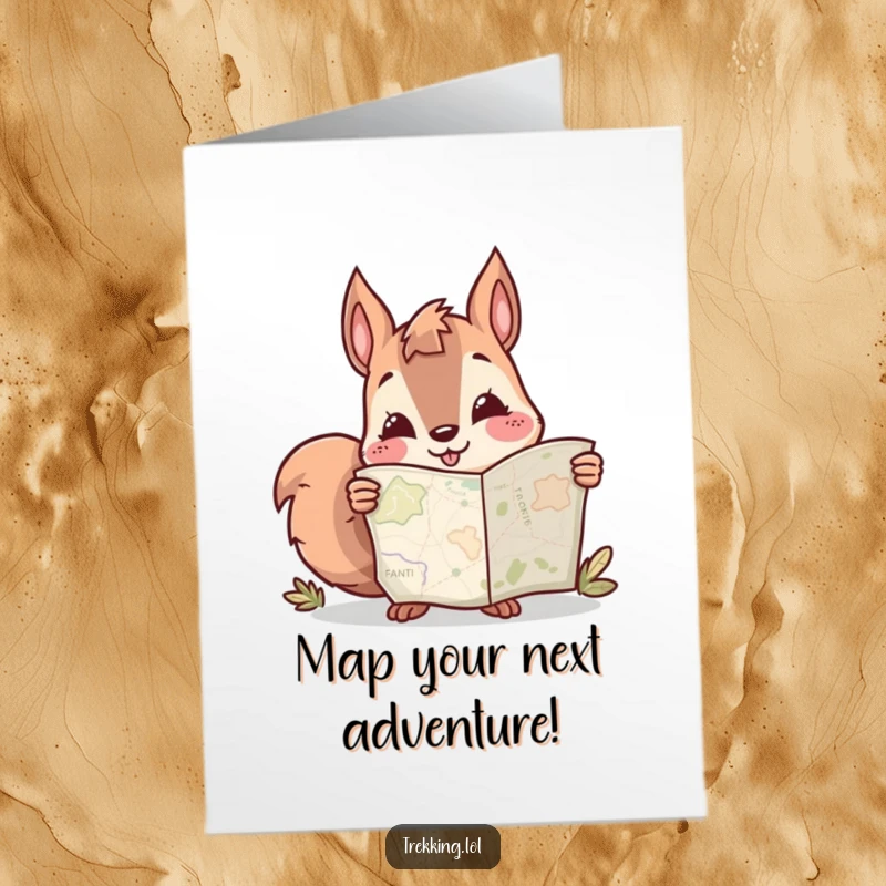 Funny Free Printable Birthday Card: Curious squirrel with a big smile looking at a map, ready for adventure.