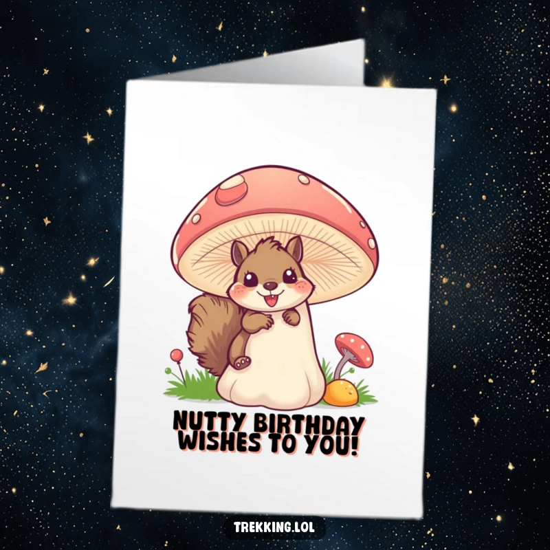 Funny Free Printable Birthday Card: Fluffy Squirrel Peeking Excitingly Behind Mushroom, Birthday Surprise!