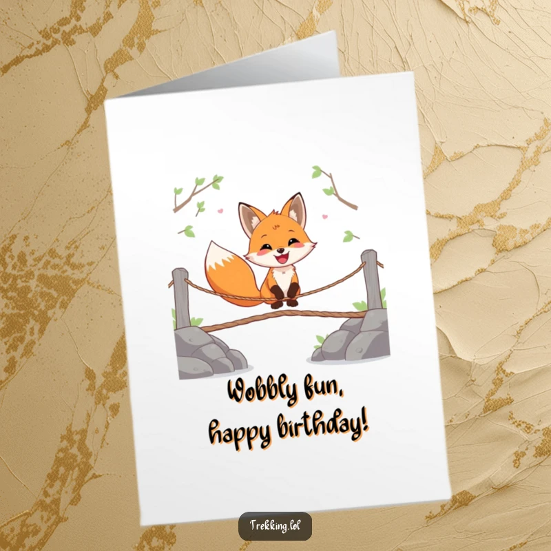 Funny Free Printable Birthday Card featuring a happy fox gleefully crossing a wobbly rope bridge, celebrating a fun journey.