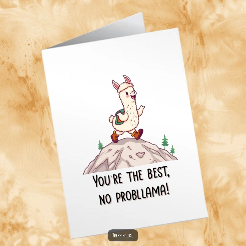 Funny free printable congratulations card: A happy alpaca in hiking boots joyfully skips up a mountain, celebrating success.