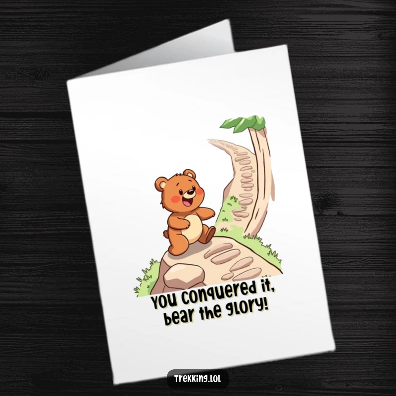 Funny Free Printable Congratulations Card: A determined bear gleefully navigating a steep path, symbolizing achievement.