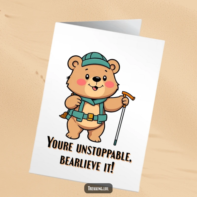 Funny free printable congratulations card: A determined bear enthusiastically uses hiking poles, celebrating a successful climb.