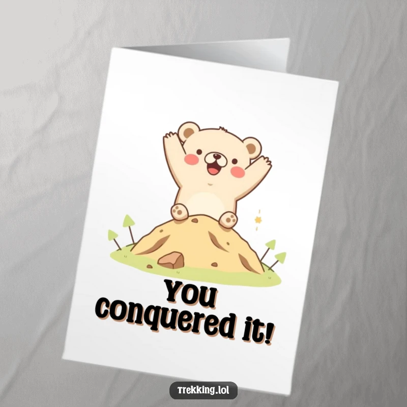 Funny Free Printable Congratulations Card: Happy bear cheering on a hill, a humorous downloadable gift signifying achievement.