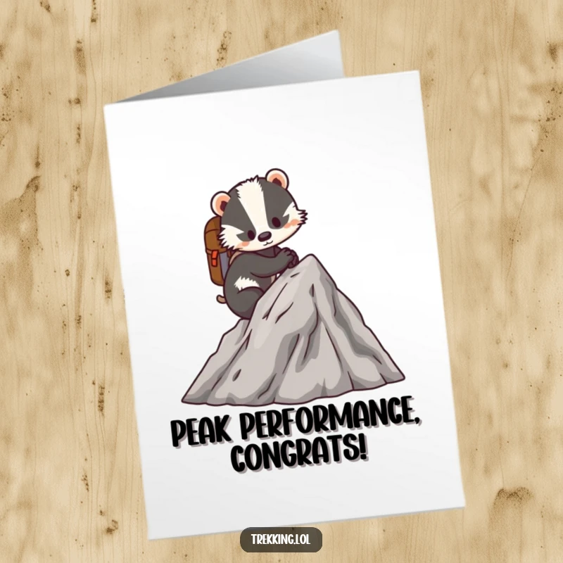 Funny Free Printable Congratulations Card showing a determined badger scaling a small mountain with a backpack, symbolizing peak performance.