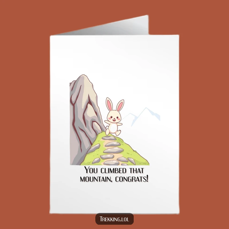Free Printable Congrats Card: Cheerful Bunny's Mountain Triumph - Funny Downloadable Gift