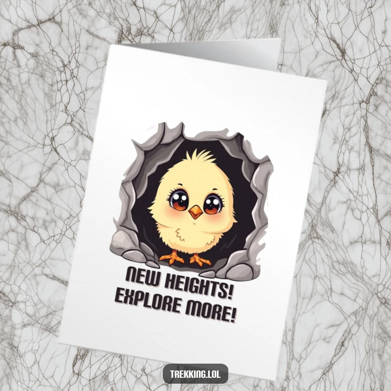 Funny Free Printable Congratulations Card: a curious chick with wide eyes peeking into a dark cave, celebrating discovery.
