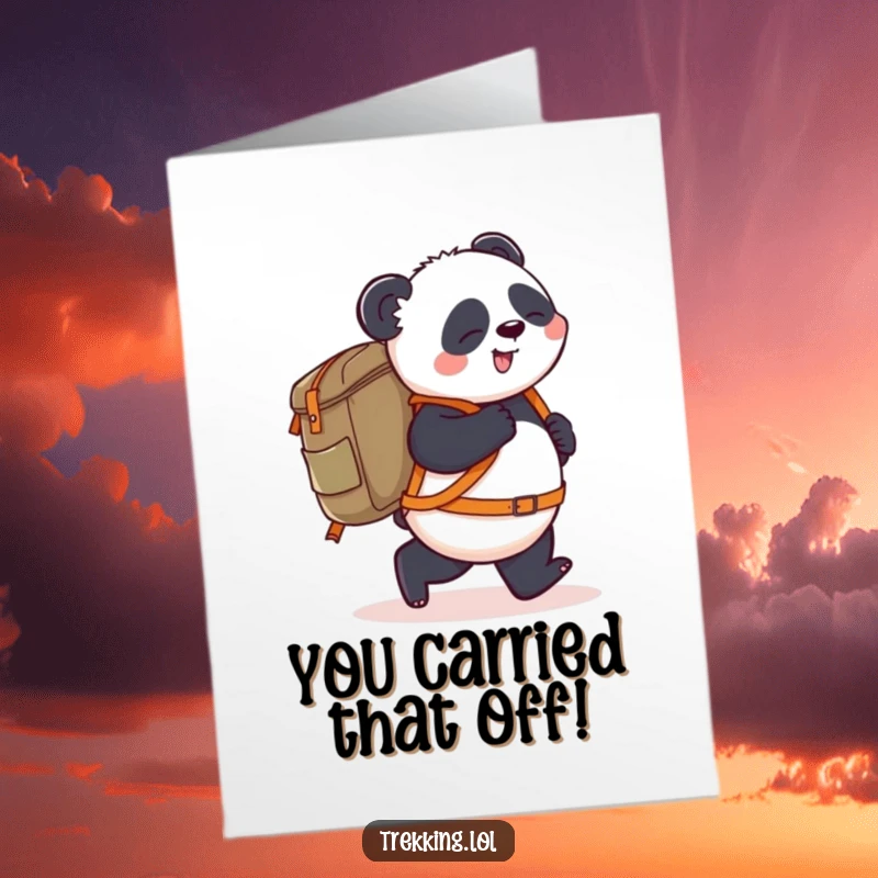 Funny Free Printable Congratulations Card: Playful Panda Stumbling Forward with a Giant Backpack of Success!