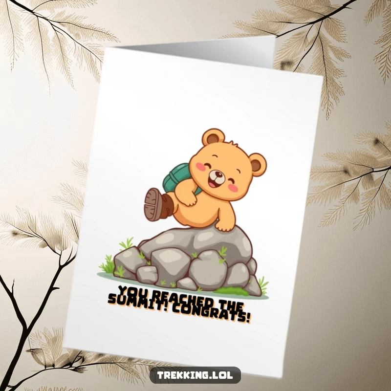 Funny Free Printable Congratulations Card: Cheerful Bear in Hiking Boots Reaching Summit, Celebrating Success!