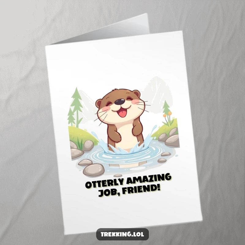 Funny free printable congratulations card: a happy otter gleefully splashes through a shallow mountain stream.