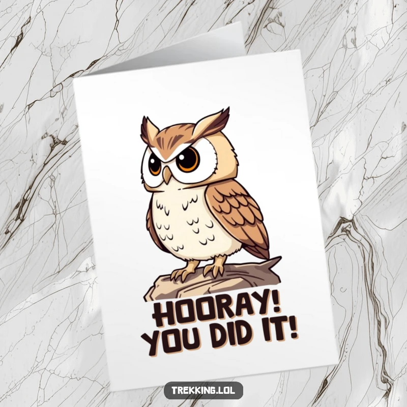 Funny Free Printable Congratulations Card: a proud owl gazing wisely from a high perch, celebrating success.