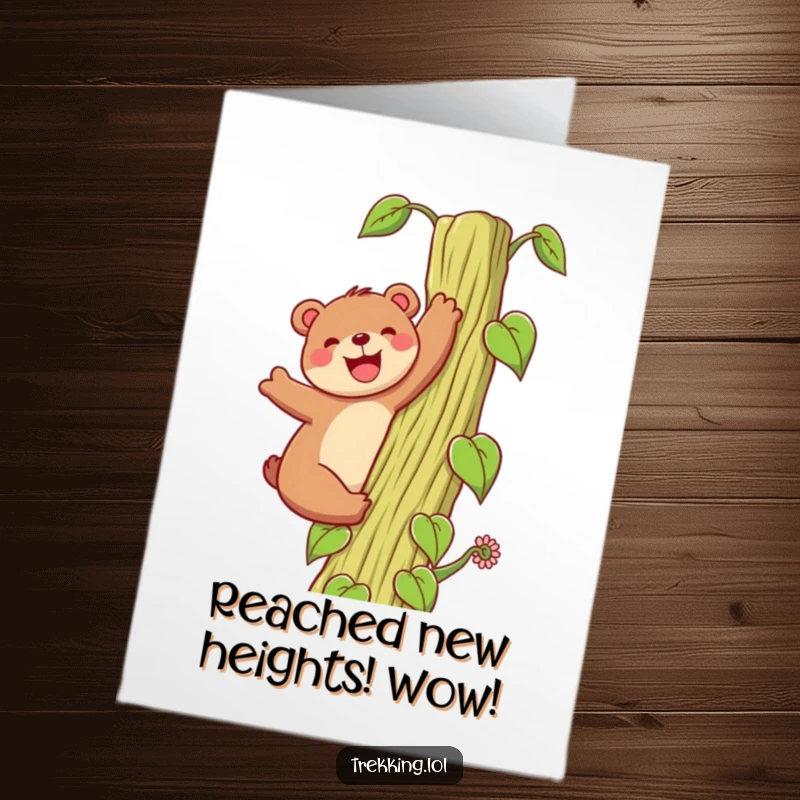 Funny Free Printable Congratulations Card: Bear Climbs Beanstalk with Grin, Celebrating Achievement!