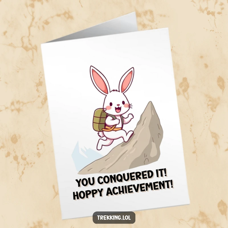 Funny free printable congratulations card: a happy bunny wearing a backpack, gleefully skipping up a steep mountain.
