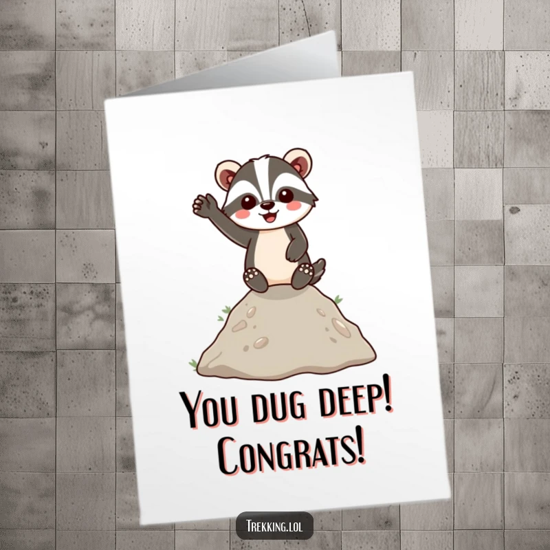 Funny Free Printable Congratulations Card: Energetic badger atop a hill waves enthusiastically to celebrate an achievement.