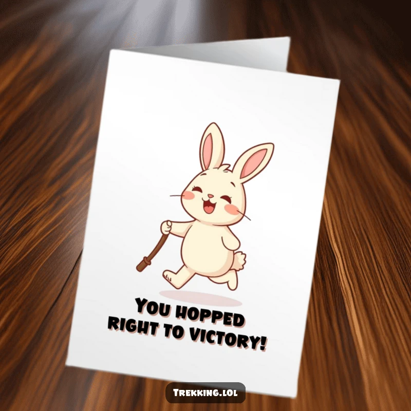 Funny Free Printable Congratulations Card: A cheerful rabbit skipping with a stick, symbolizing enthusiastic success.