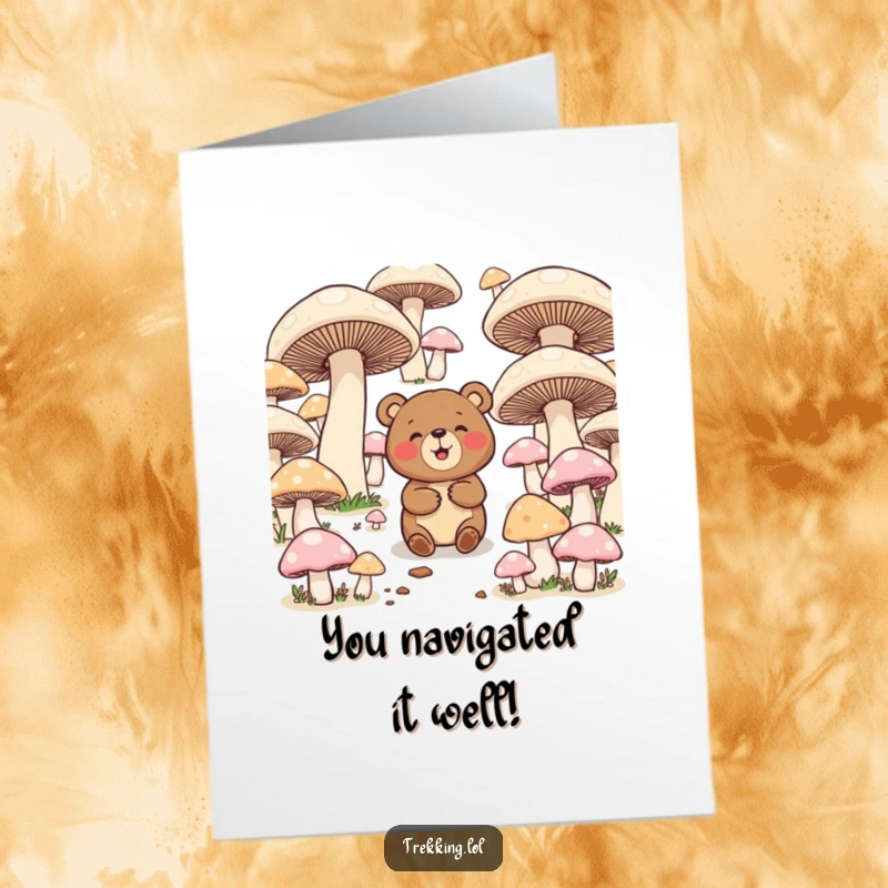 Funny Free Printable Congrats Card: A goofy bear finds his way out of a mushroom maze, celebrating success.