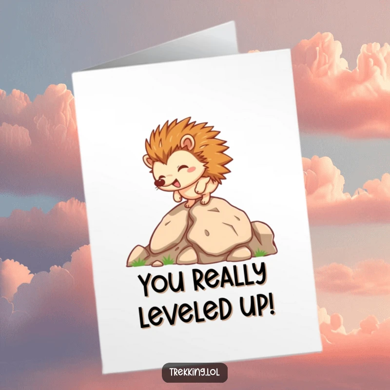 Funny Free Printable Hedgehog Congratulations Card of a happy hedgehog determinedly climbing a rocky incline, symbolizing success after a tough journey.