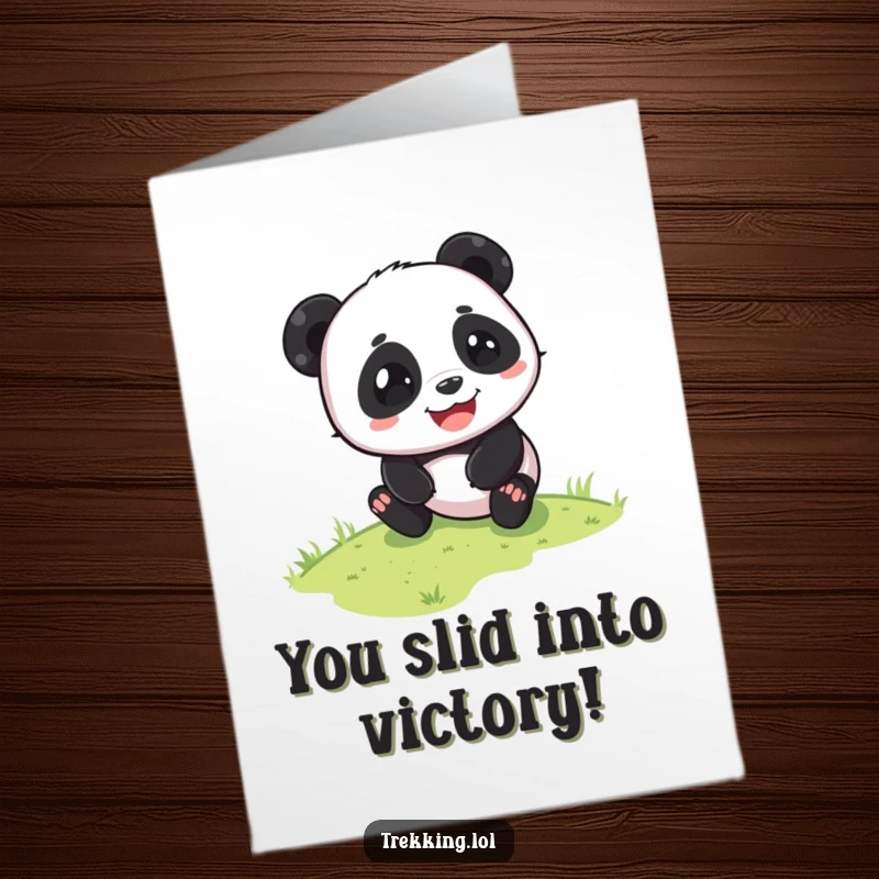 Funny Free Printable Congratulations Card: A playful panda slides down a gentle slope, radiating glee. Celebrating great achievements.