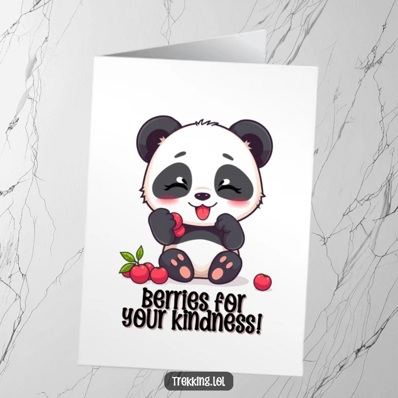 Funny Free Printable Panda Thank You Card of a giggling panda enjoying berries, conveying sincere thanks with adorable, cheerful munching.