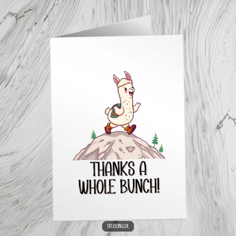 Funny free printable thank you card: A happy alpaca in hiking boots joyfully skips up a mountain, expressing thanks.