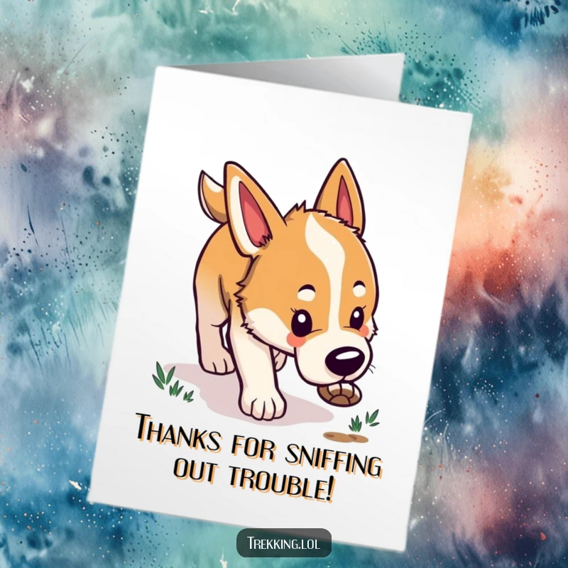 Funny Free Printable Thank You Card depicting a happy dog intently following a scent trail with a grateful expression.